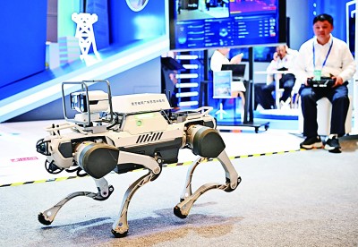  網(wǎng)絡(luò)安全博覽會上的企業(yè)展示電網(wǎng)巡線機器狗。新華社記者 鄧華攝