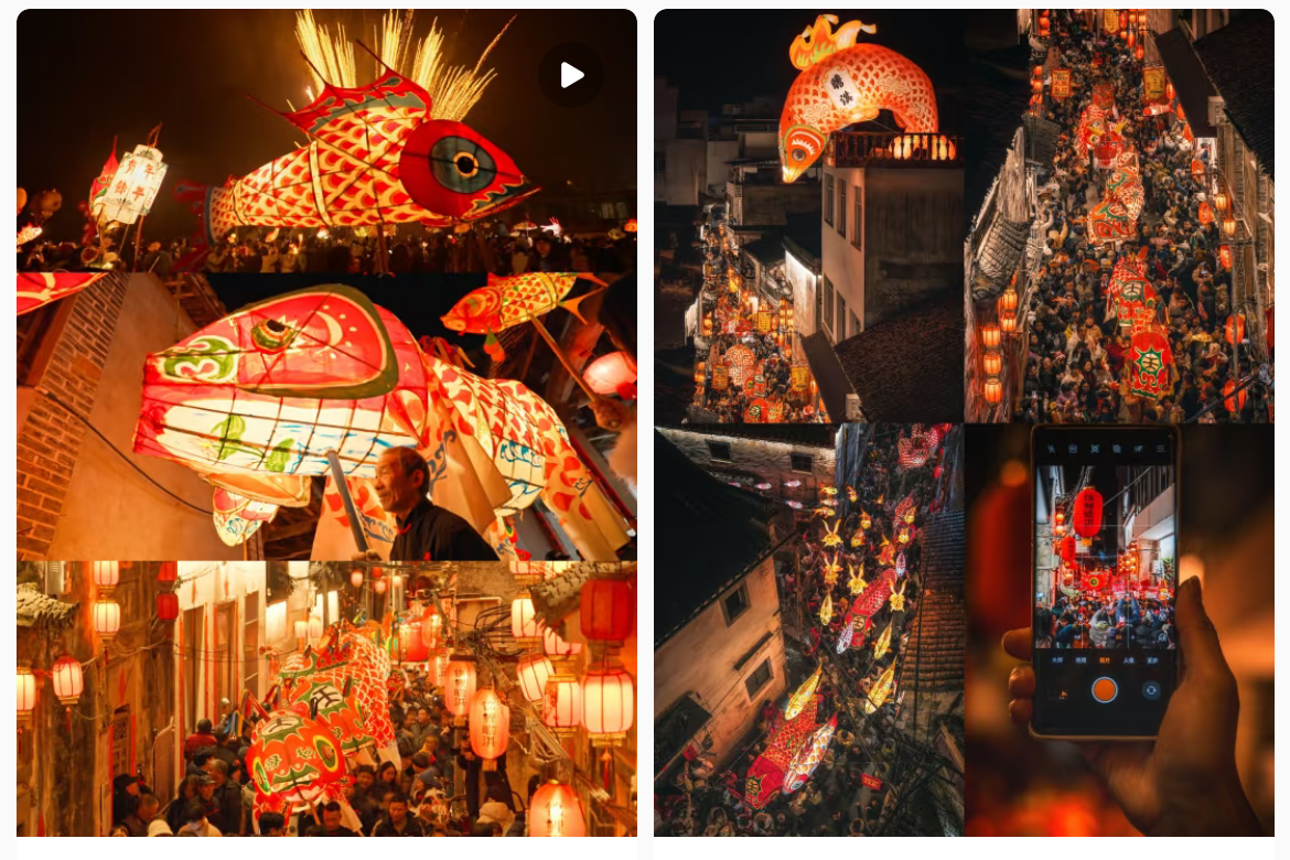 魚燈相關(guān)視頻、圖片獲得數(shù)萬點贊。社交媒體截圖